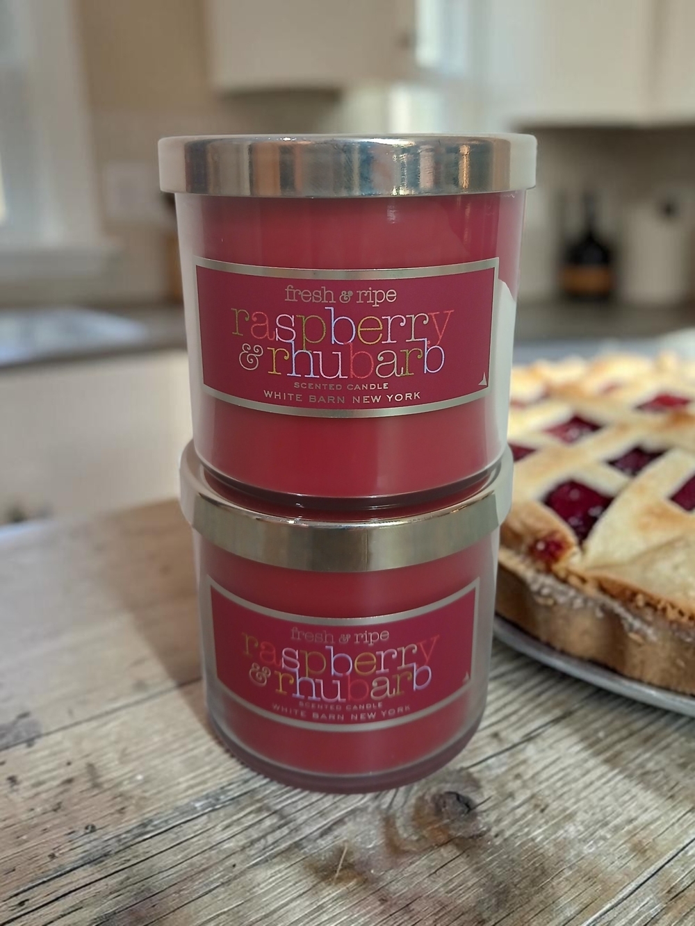 White Barn Raspberry & Rhubarb Candle Set - Bright Pink Glass